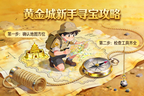 黄金城新手寻宝攻略插画，画面中有一位少年探险家正观察地图，周围摆放着指南针和绳索