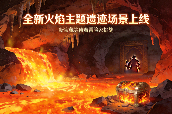 全新火焰主题遗迹场景上线，洞窟内岩浆涌动，新宝藏等待着冒险家挑战